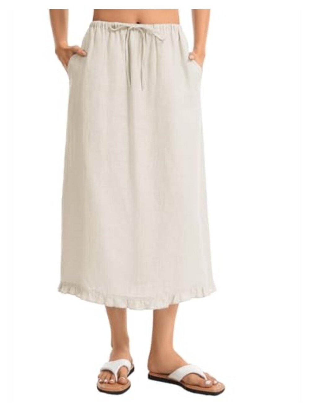 Linen Blend Midi Skirt Ruffle Hem Drawstring Waist Side Pockets Women's Casual